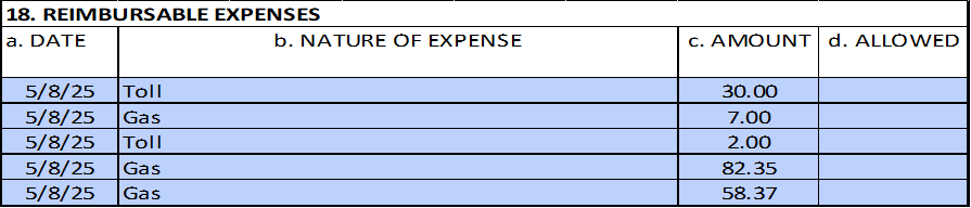 Example of box 18 reimbursable expenses